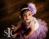 Lavender White Flower Feather Rhinestone Headband - Baby Toddler Girl Woman -  Vintage