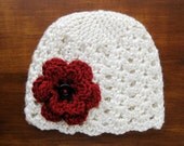 Sale - Baby Girl Hat, Newborn Photography Prop, Ivory Cream Beanie, Autumn Red Flower Black Button. Crochet Ecru Beige Tan Cap, Fall Winter