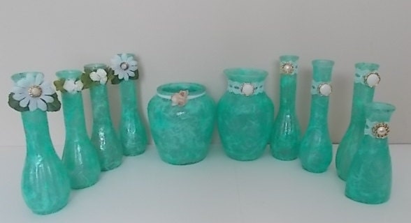 WEDDING, Shabby or Tres Chick,  Frosted Glass Vases, Bottles, Jars, Lace and Ribbon, Wedding Centerpiece,City or Country.