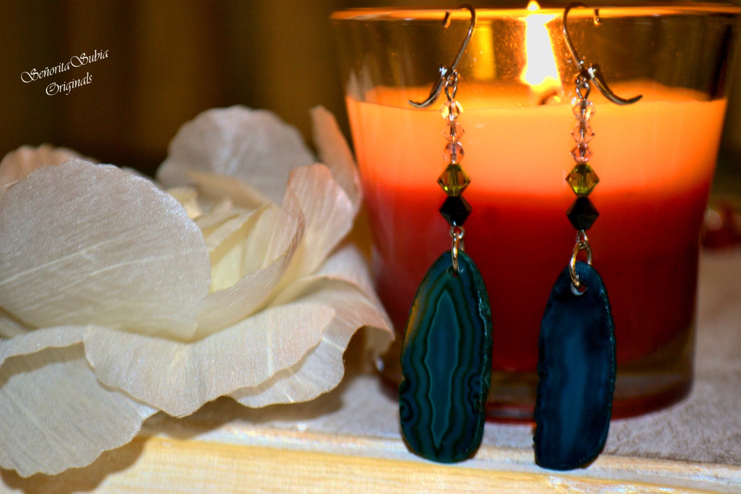 Emerald Green Sliced Quartz Swarovski Crystal Dangling Earrings. Handmade.