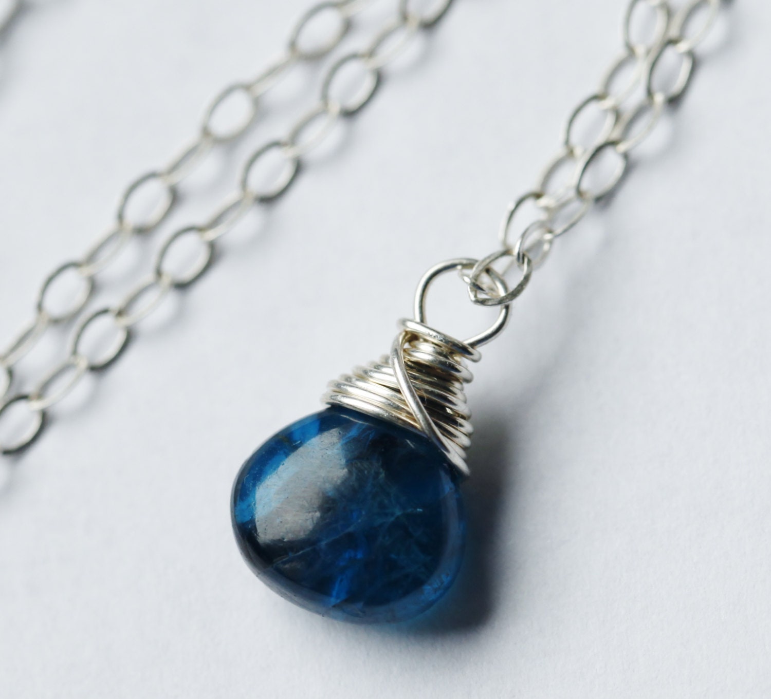Neon Blue Apatite Sterling Silver Necklace // Pendant, Briolette, Dark Blue, Storm, Aqua, Rocks // Wire wrapped, fairy tale, elegant