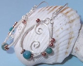 Wire wrapped dangle earrings - Oval hoops - Turquoise silver copper earrings - Beaded jewelry
