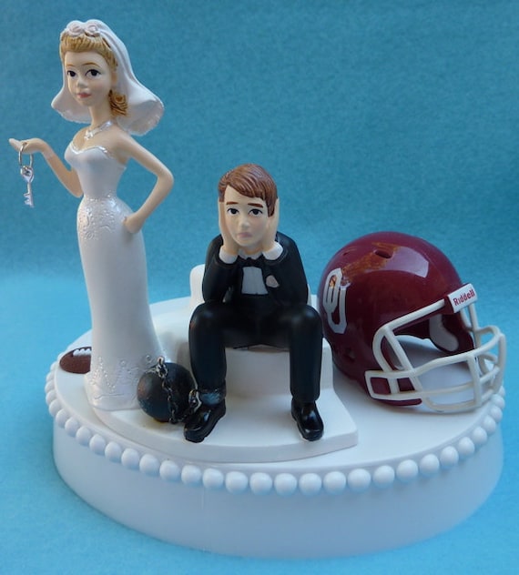 Wedding Cake Topper University of Oklahoma Sooners OU Boomer Sooner Football Themed Ball and Chain Key w/ Garter, Display Box