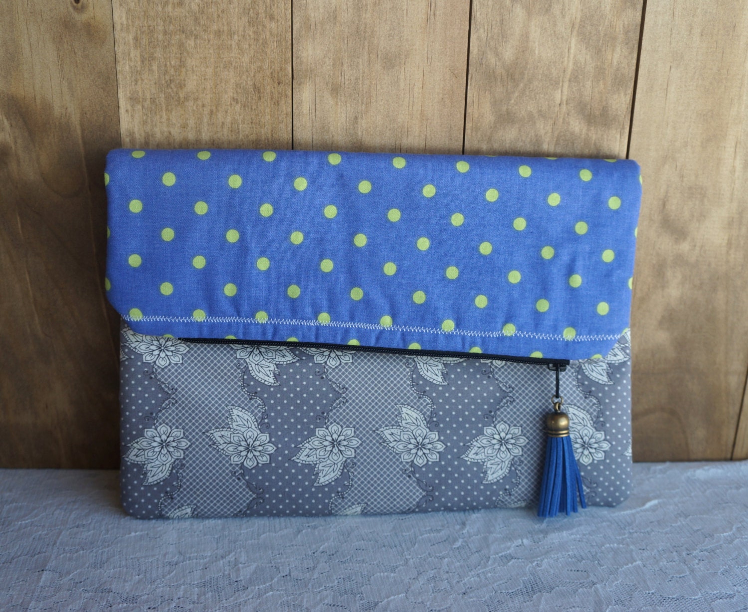 Foldover Clutch, On the Go, Bags, Totes, Polka Dot, Floral, Lime Green, Blue, Purple, Gray, White, Tassel