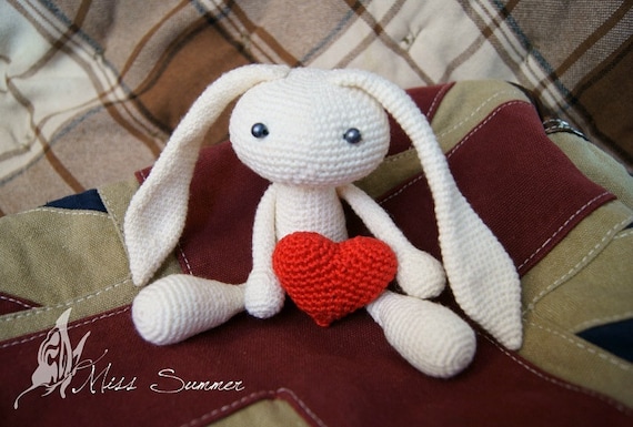 PDF Crochet Amigurumi Pattern Valentine White Bunny with a Red Heart COMMERCIAL USE