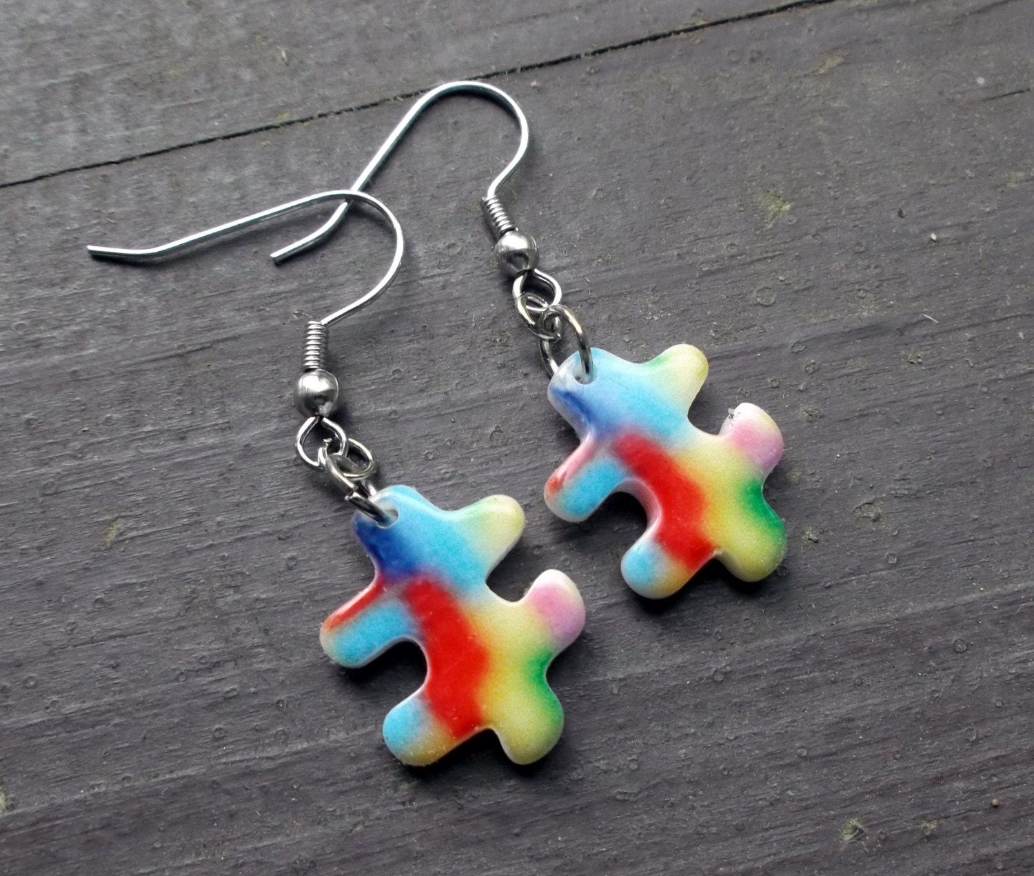 Colorful puzzle piece dangle earrings- Autism awareness.