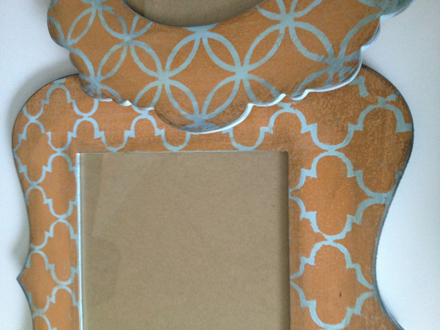 Set of 2 large picture photo frames distressed Moroccan pattern geometric painted blue tan 8 x 10 shabby chic French country