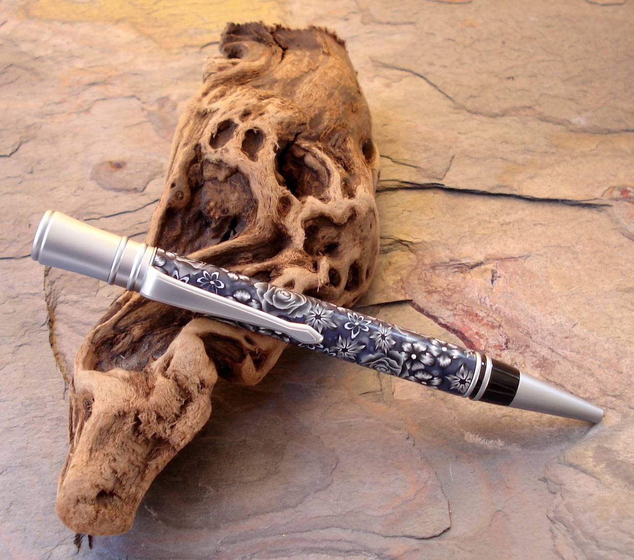 Handcrafted Custom Made Pen - Black & White Polymer Clay Flower Brushed Satin Twist Pen
