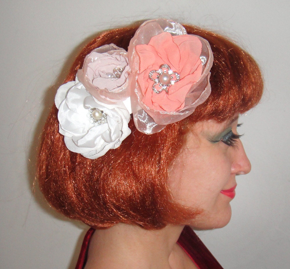 Bridal Wedding HAIR CLIP Hair Accessory WHITE Salmon Pink Beige with Handmade Flowers, Rhinestones, Crystal Jewels, Pearl Beads