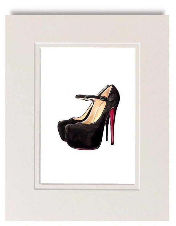 Christian Louboutin Wall Decor Art Print, Black Christian Louboutin "Lady Daf" Platform Pumps, Watercolor Print