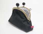 GRACIE Small Frame Bag, Black on Black Stripe. Printed Lining.  Black snap clasp and detachable chain strap.  Clutch purse.