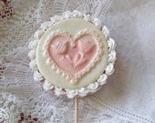 Sandwich Cookie Fondant Cupcake Pick, Mini Cake Topper -Lacy Pink Heart