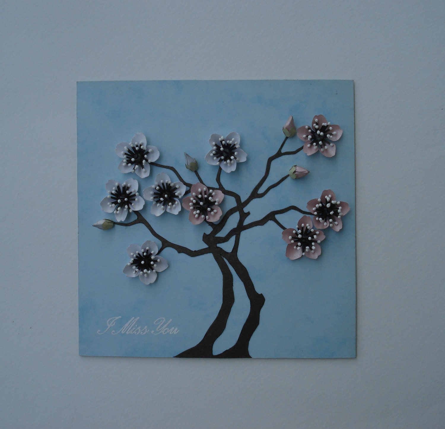 I miss You - unique, handmade greeting card with 3D paper flowers, cherry blossoms in blue, white, pink and chocolate