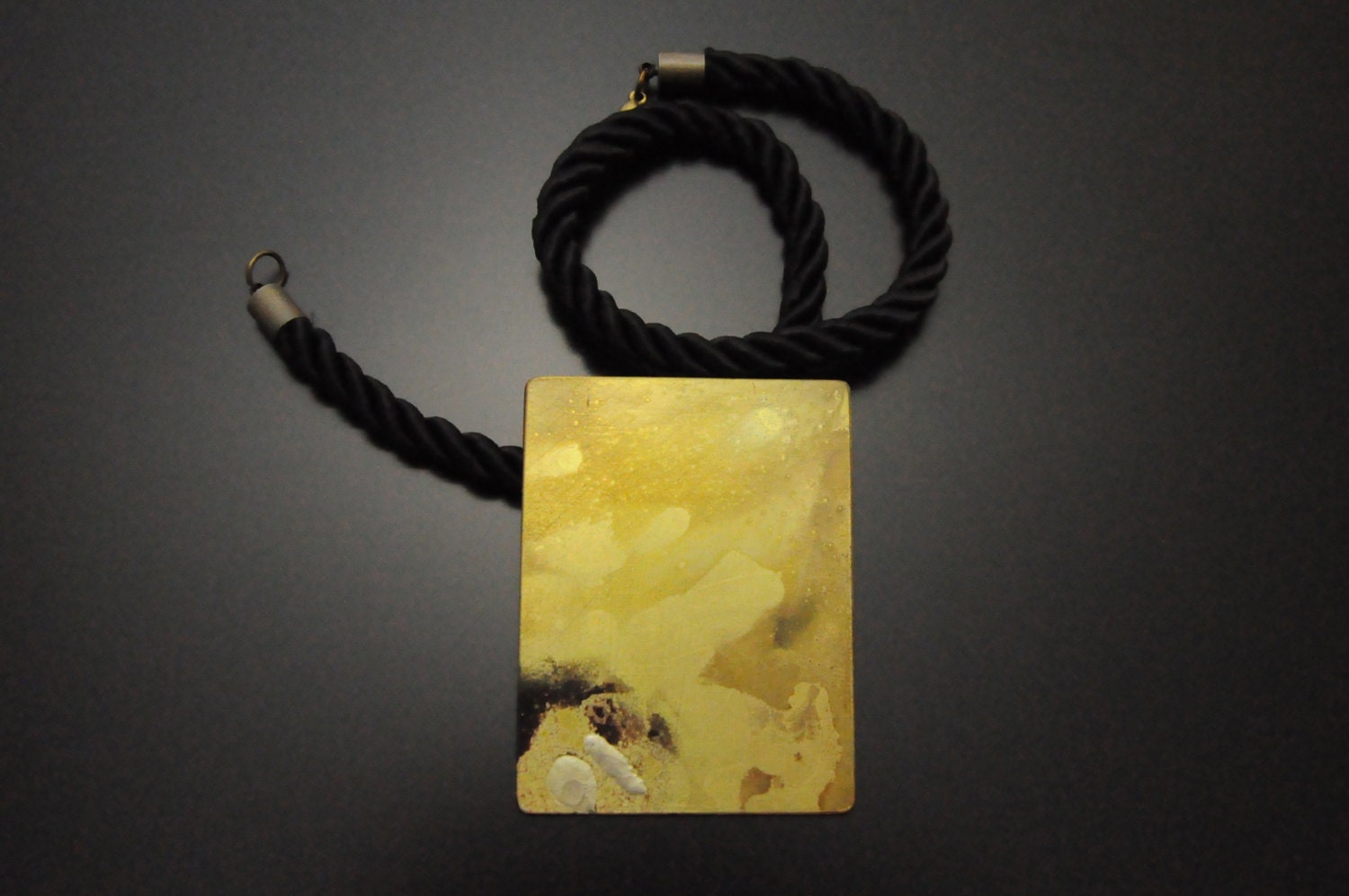 Necklace, pendant, interesting pattern, unique, rectangular shape, for her, shiny, brass and silver