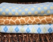 Set of three baby boy argyle, giraffe, polka dots blue and brown burp rags (cloths)