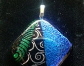Green, Silver/Black, and Bright Blue. Handcrafted Fused Dichroic Glass Necklace Pendant