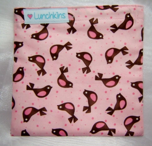 SANDWICH Snack BAG Pink Birds Design Reusable with Nylon Lining