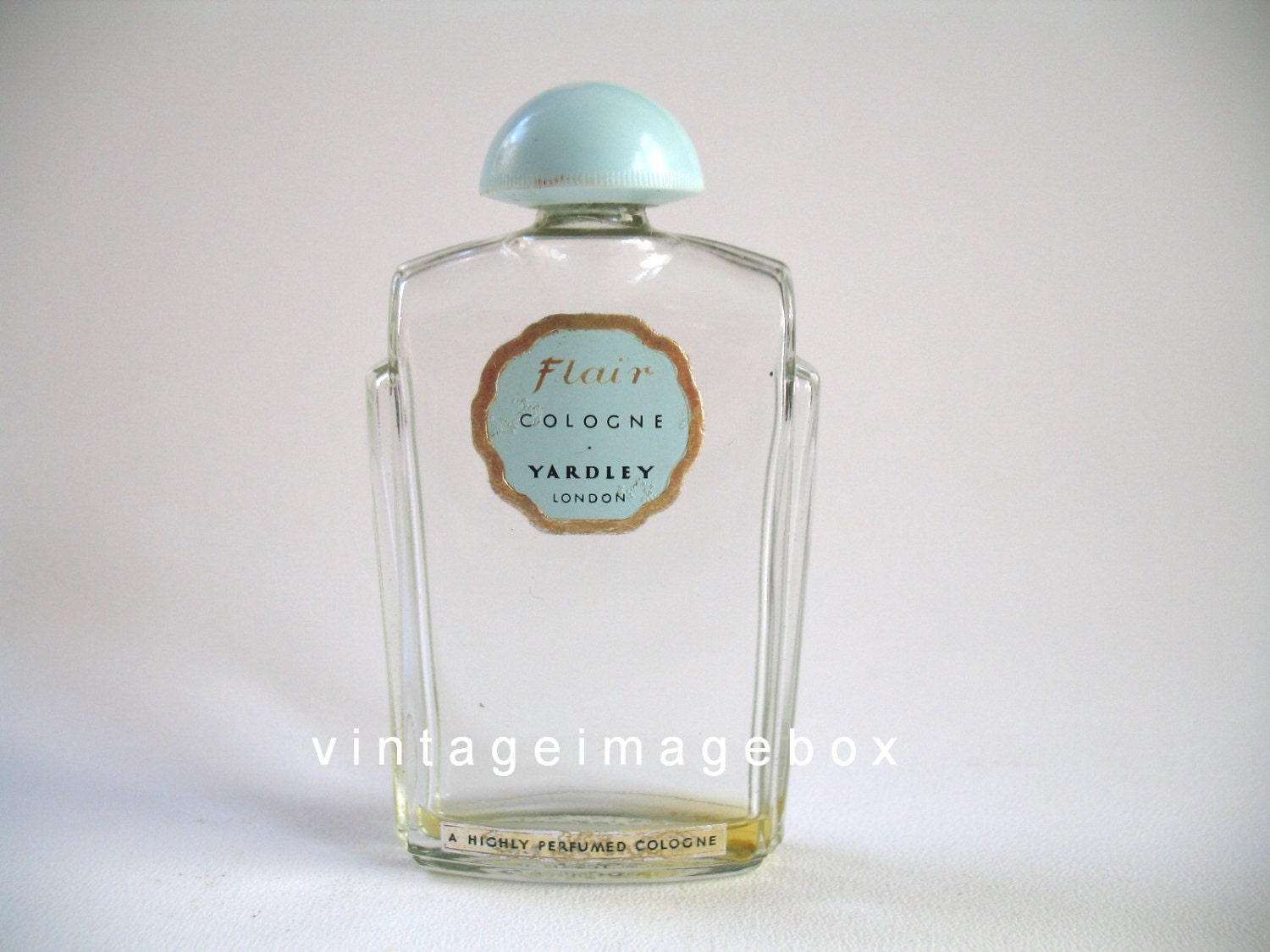 YARDLEY FLAIR vintage perfume bottle, 1950s glass, art deco style, dome top, pale blue colour