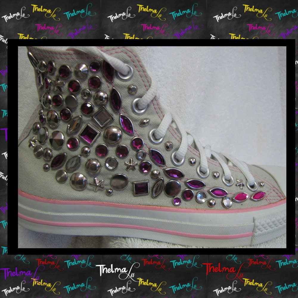 UNISEX Hand Stud and Jeweled Embellished Pink and Gray Converse High Top Sneakers Mens sz.6 Womans sz.8