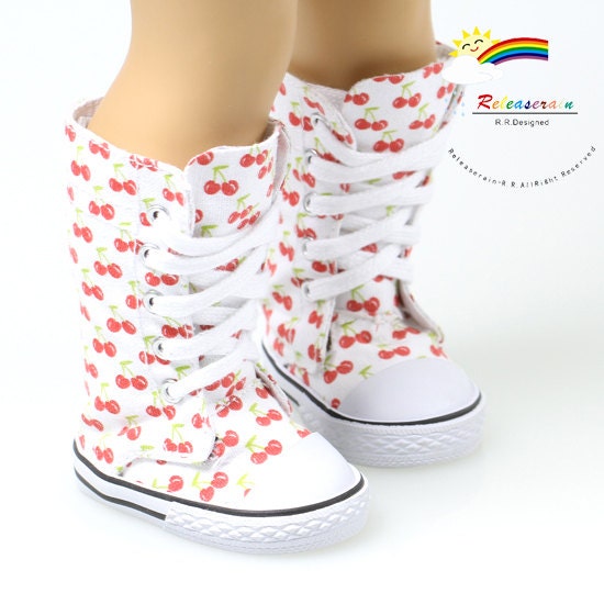 Canvas Knee High Lace-Up Sneakers Boots Doll Shoes Cherry White for 18" American Girl dolls