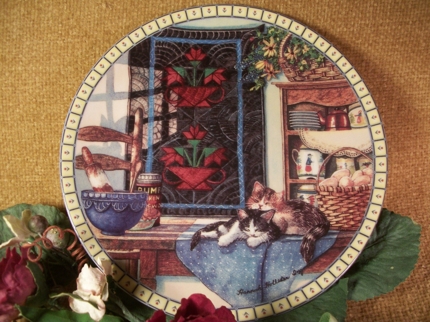 Home Decor, Wall Plate, Knowles, Lazy Morning, Cozy Country Corners, Cats Kittens Felines, Quilt, Baking, Wall Hanging, Red Blue White