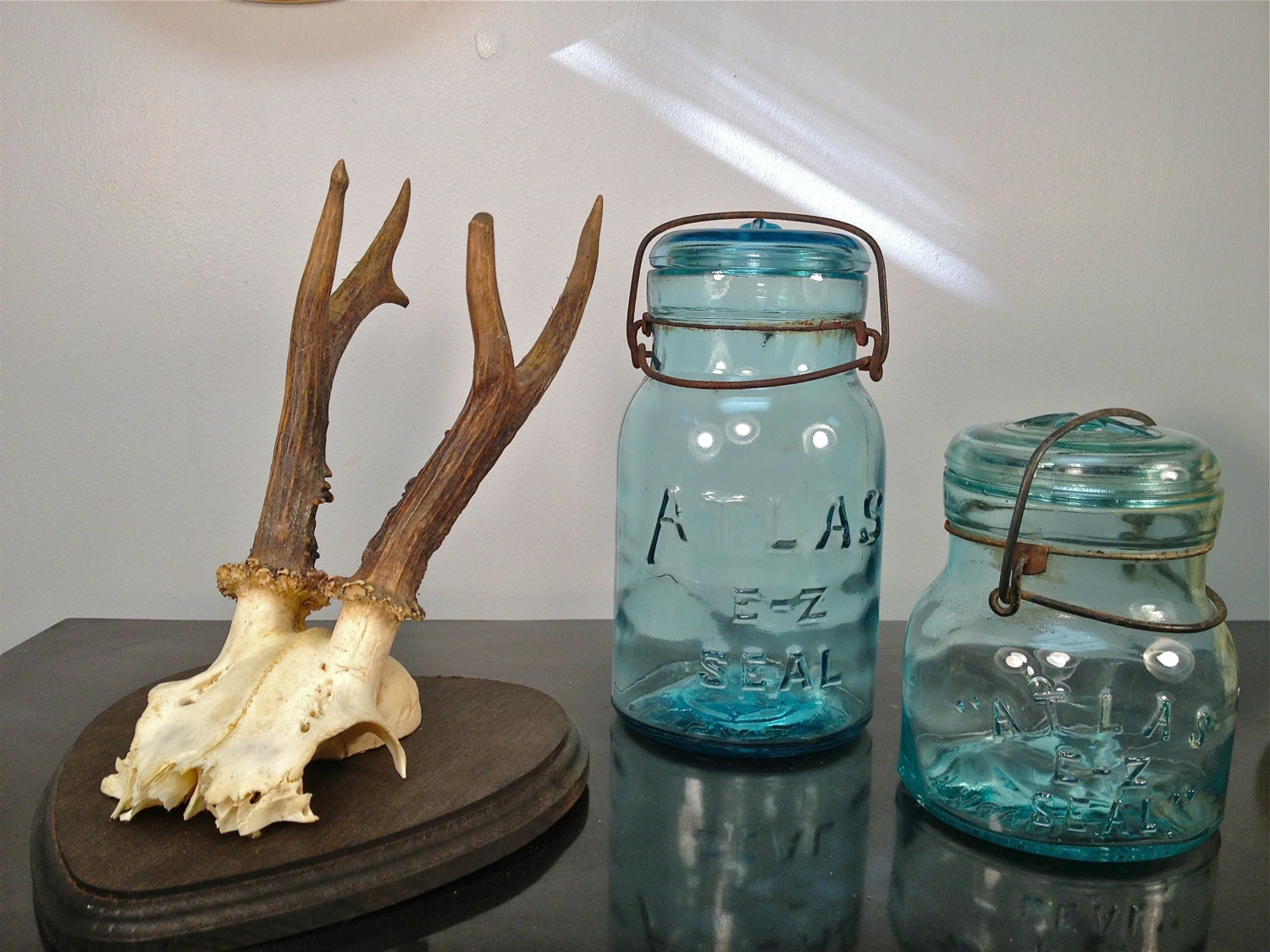 Pair Of Antique Aqua Atlas E-Z Seal Mason Jars