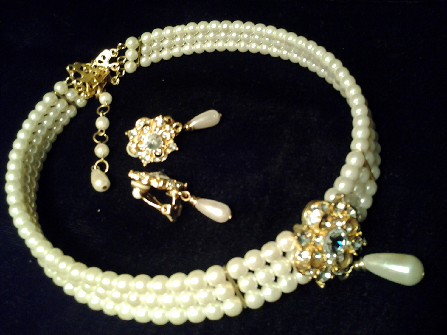 wedding bridal  jewelry pearl rhinestone crystal necklace chocker bracelet and clip on earring set lot