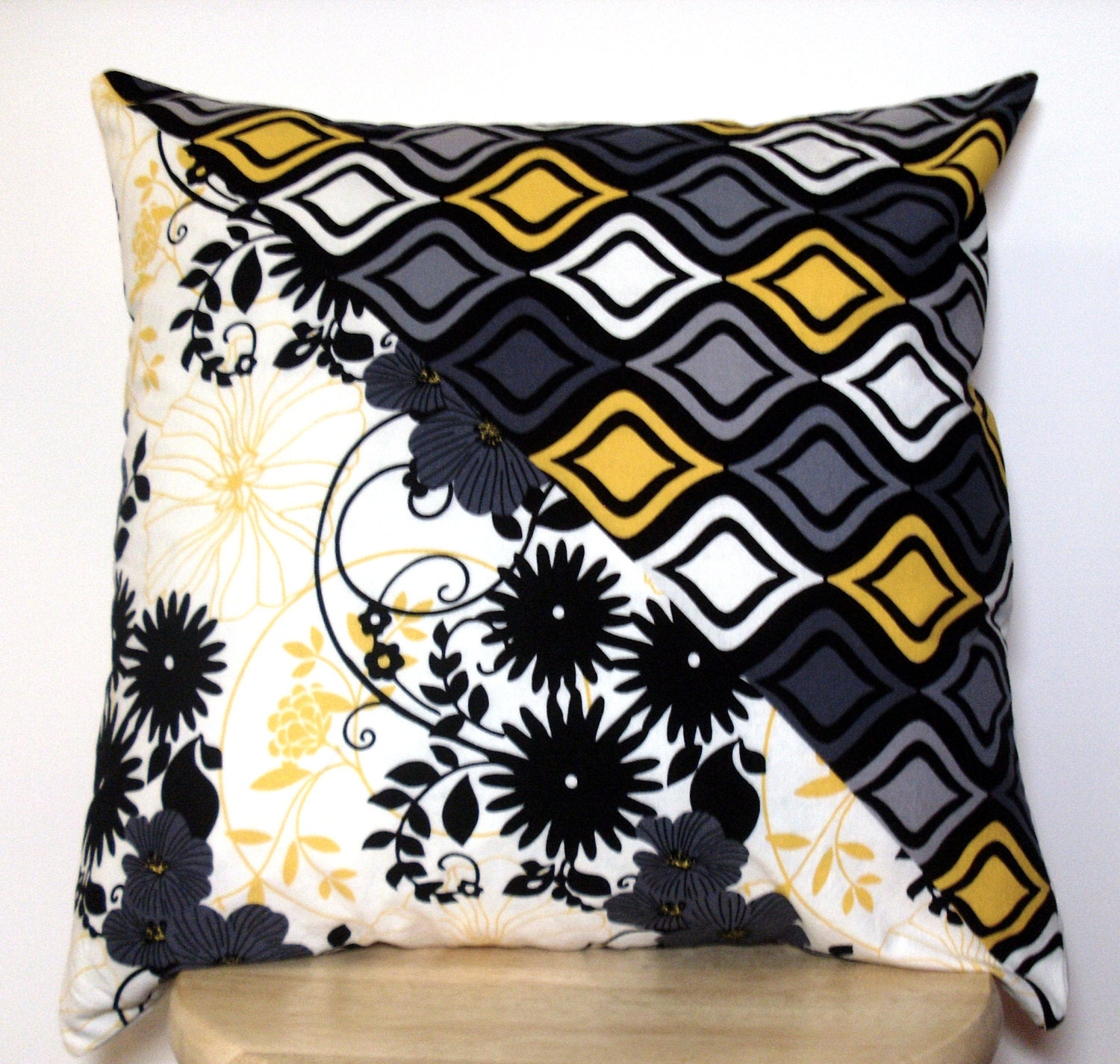 On Sale - Patchwork Pillow Cover Gray Yellow Black White Floral Mix Cushion 18x18