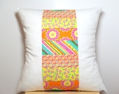 On Sale - Bed Throw Pillow Cover - Bright Patchwork - Pink Orange Aqua Green - Stripe Floral - Cushion - 18x18