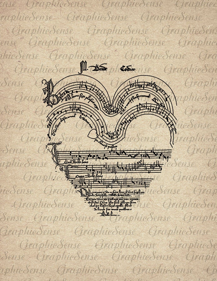 Music Notes Heart Love Song - Printable Graphics Digital Collage Sheet Image Download Iron on Transfer Orn93