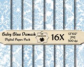 Baby Blue Damask Digital Papers 059 , scrapbooking papers, background papers, printable, invitation, cardmaking - MFDigiLand