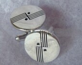 Silvertone Cufflinks Round  Black Enamel - "Shields"  tvvteam