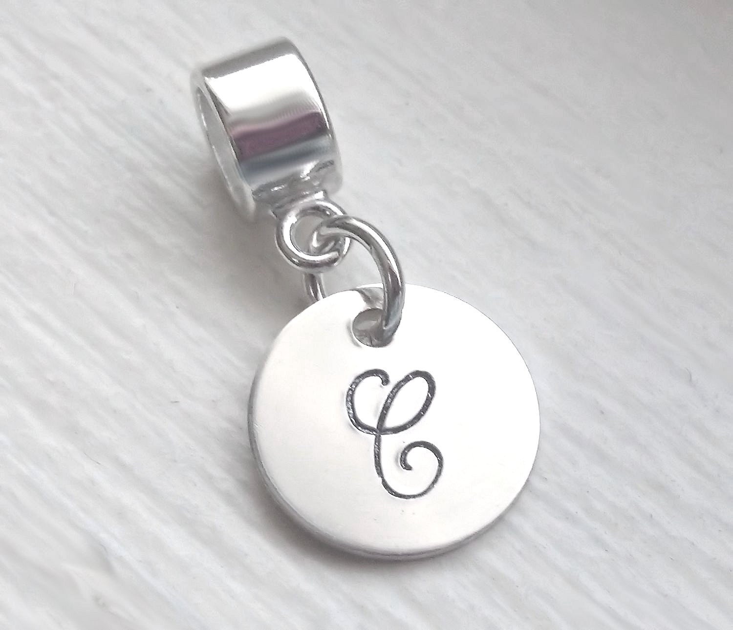 Initial Monogram Hand Stamped Personalized European Charm Sterling Silver Fits All Brands of European Bead Bracelets