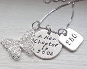 Graduation Success, Hand Stamped Necklace, Personalized Necklace, Sterling Silver, Butterfly Charm, Inspiration Accomplishment Gift for Her