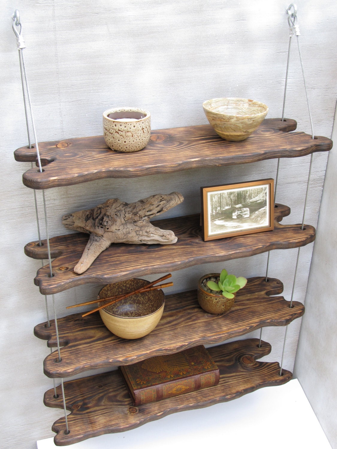 driftwood shelves, display shelving, shelving system,wall shelves, pottery shelf
