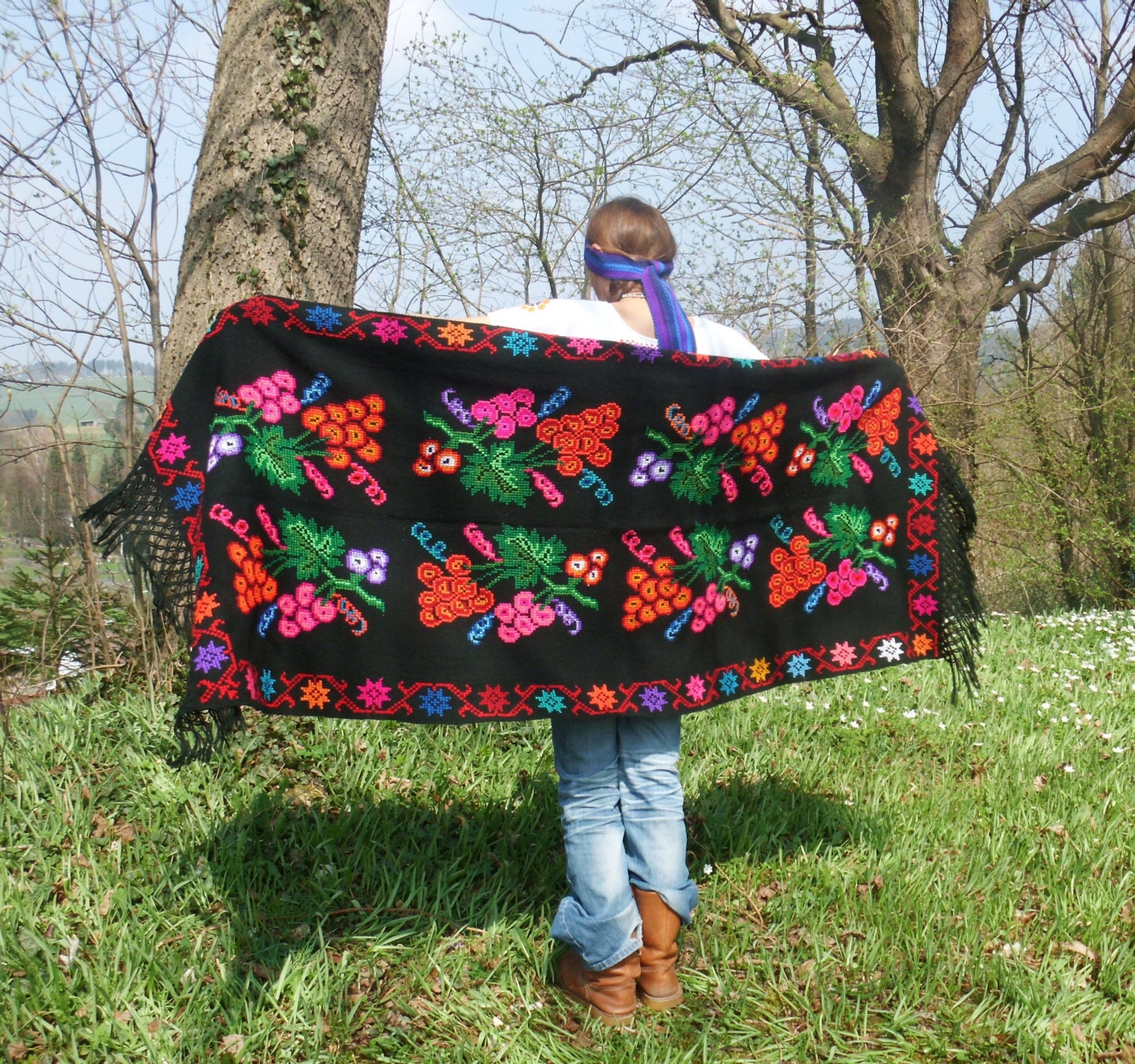 handmade mexican hippie wool  rebozo GRAPES AND WINE Vintage Style woven  floral hand  embroidered bohemian ethnic gypsy  flower wrap shawl