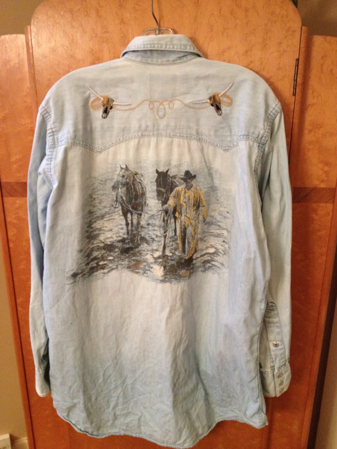Vintage Chambray Denim Mens Western Embroidered Shirt, Made in Canada