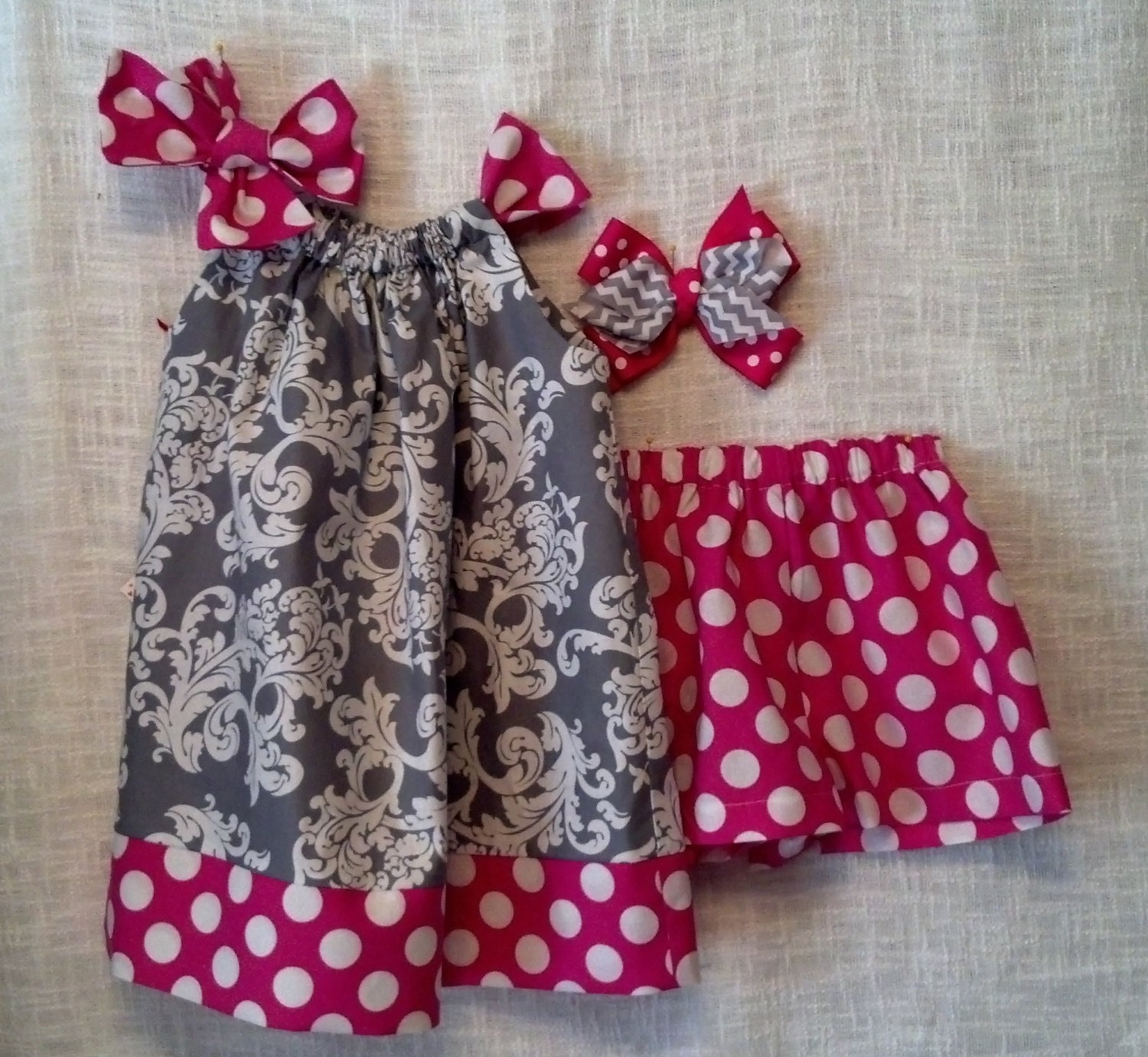 Pillowcase dress and shorts in purple and hot pink polk a dot in size 3T