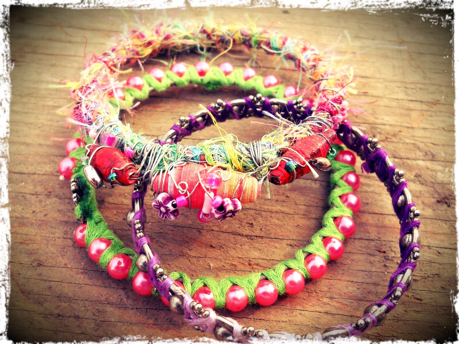 Upcycled, recycled, repurposed bangles - fiber wrapped stacking bracelets - wire wrapped jewelry - paper bead bangles - Bohemian bracelets