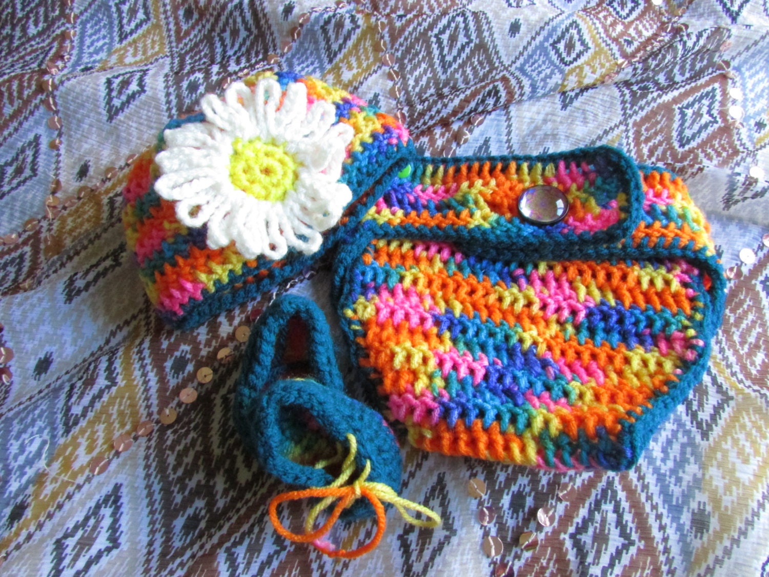 3-6 Month Pink, Blue, Yellow, White and Green Crocheted Baby Hat, Booties and Diaper Cover Set with White Flower. Ready to ship