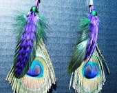 Jewelry, Earrings, Feather Earrings, Handmade Feather Earrings, Peacock Feather Earrings, Purple and Green Feather Earrings Sku 022