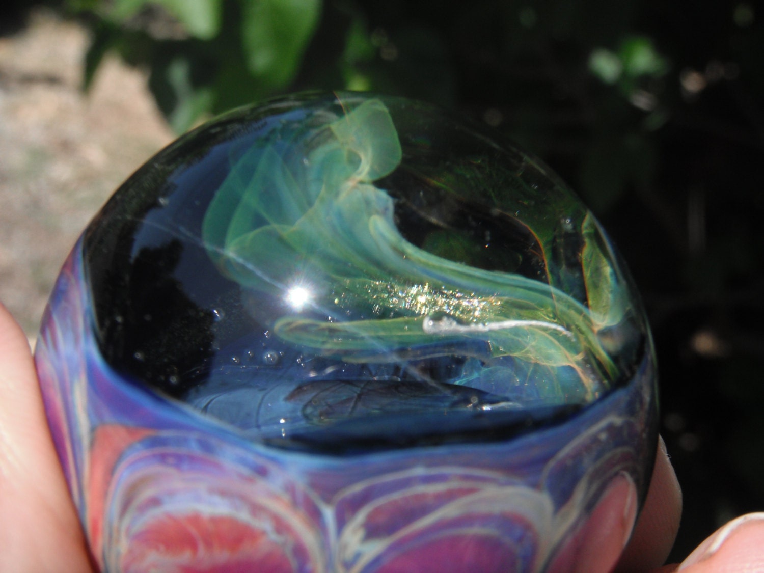 glass boro marble 23k gold and silver fumed  veil purple dot patern back 1.59 inch