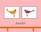Mechanical Bird Set, Painted Steel, Golden, Steakpunk, Copic Art, Modern, Wall Hanging, Kids, Blue, Red, Yellow, Pink, TWO- 8 x 10 Prints
