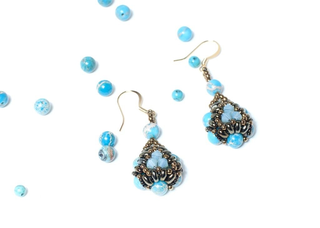 Beaded Earrings, turquoise and brown bronze
