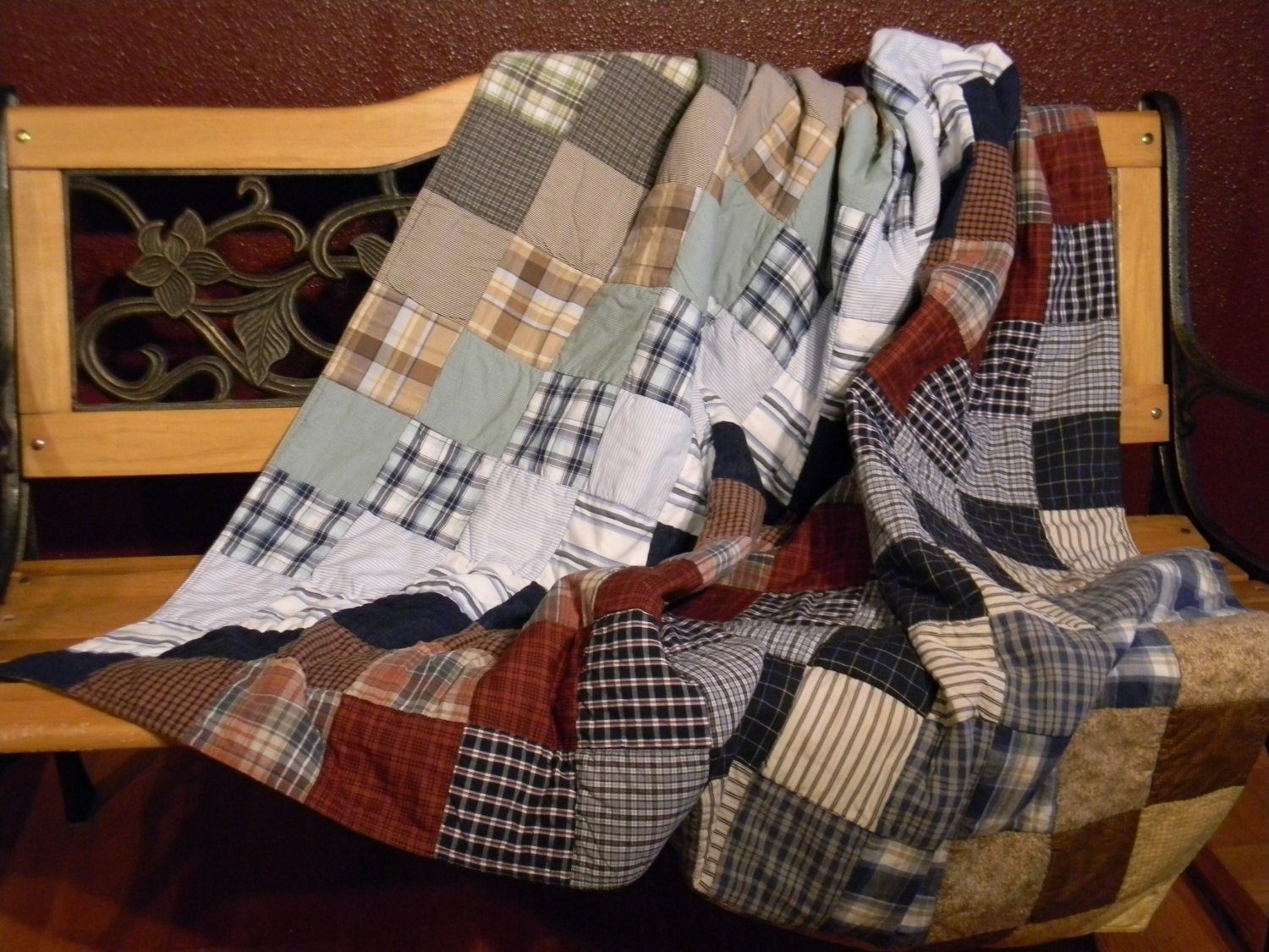 Dad's Shirt Patch Handmade Quilt/Throw made of Recucled Upcycled Men's Shirts // Great Father's Day Gift
