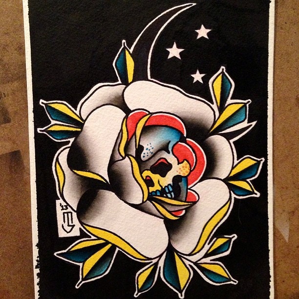 Traditional Tattoo Flash Watercolor Skull Rose