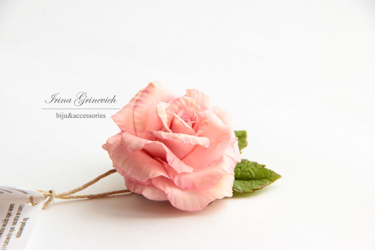 Pink rose brooch polymer clay flower - "PINK ROSE"-Polymer clay jewelry, brooch, gift,  rusteam
