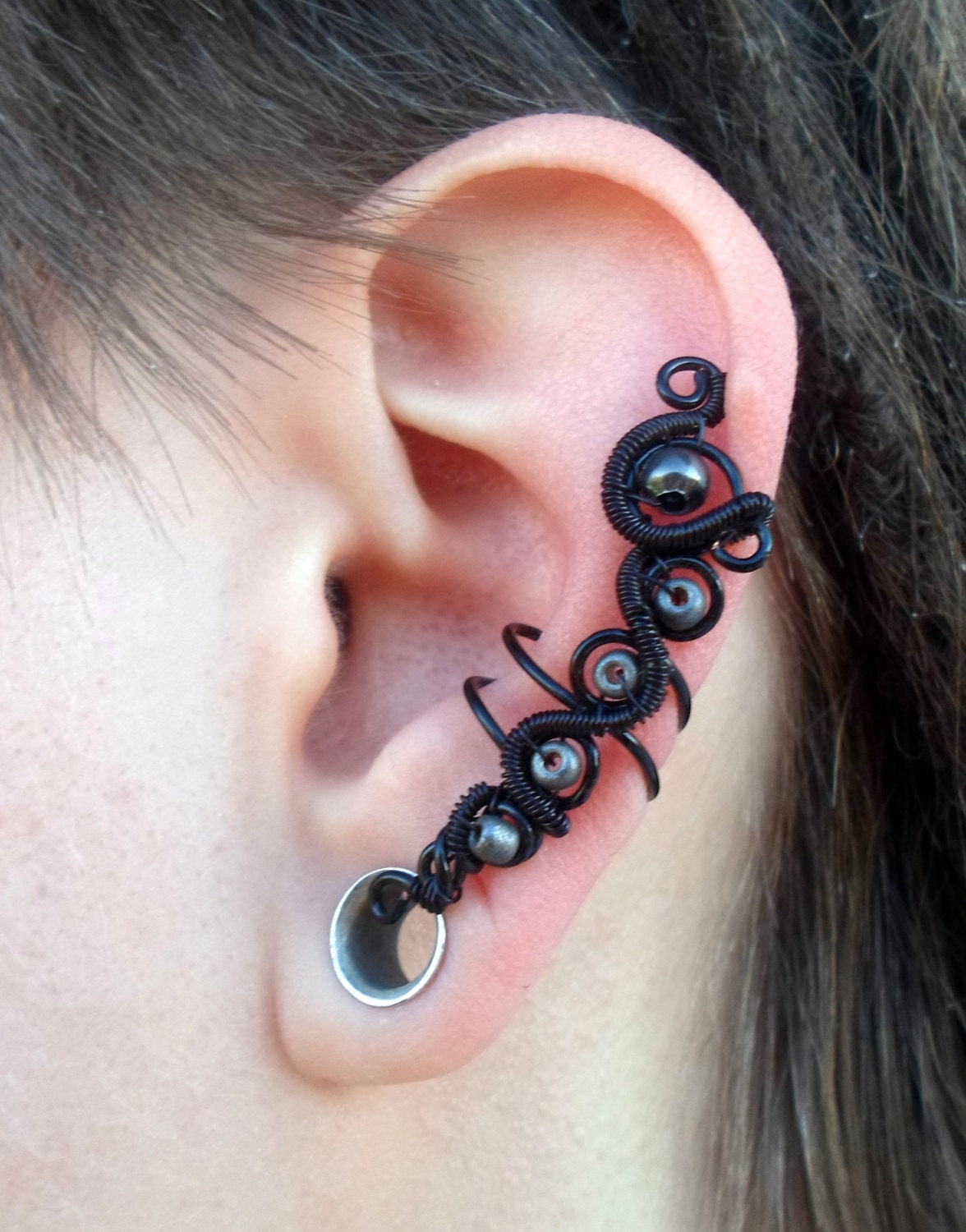 Black and gray gothic wire wrapped ear cuff