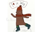 Bear postcard, ice skating, love, winter, printed postcards, illustration, cute animals, scarf, hat, cold, red, white, blue
