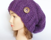 100% Wool purple hand knit slouchy beanie hat